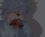  1boy bangs blood bloody_clothes bloody_hands fingernails from_side green_eyes highres hunter_x_hunter killua_zoldyck long_fingernails long_sleeves male_focus shadow silver_hair simple_background solo spiked_hair sweater toripippi_7 upper_body wiping_face 