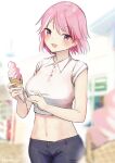  1girl artist_name black_pants blush breasts collared_shirt eyebrows_visible_through_hair food giuseppe_garibaldi_(kancolle) holding holding_food ice_cream kantai_collection large_breasts open_mouth pants pink_eyes pink_hair shirt short_hair short_sleeves signature smile solo white_shirt yamashichi_(mtseven) 