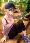  1girl absurdres adjusting_clothes adjusting_headwear ahoge arm_support artoria_pendragon_(all) bangs baseball_cap blonde_hair blue_eyes breasts collarbone fate/grand_order fate_(series) full_body hat highres long_hair long_sleeves looking_at_viewer mashuu_(neko_no_oyashiro) medium_breasts mysterious_heroine_xx_(fate) pants ponytail scan sidelocks simple_background sitting smile solo tied_hair 