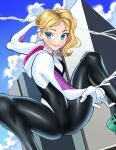  1girl absurdres blonde_hair blue_eyes bodysuit breasts building cloud covered_navel daniaeru gwen_stacy hand_gesture highres hood hooded_bodysuit looking_to_the_side marvel sky skyscraper small_breasts smile solo spider-gwen spider-man:_into_the_spider-verse spider-man_(series) superhero undercut 