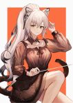  1girl animal_ears arknights bangs baton_(instrument) black_dress cat_ears cat_tail commentary dress ema_(kuguiema) hair_between_eyes hand_up holding long_hair long_sleeves looking_at_viewer official_alternate_costume schwarz_(arknights) silver_hair solo tail yellow_eyes 