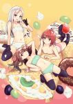 3girls bird blue_eyes bra breasts brown_hair commentary_request cream cream_on_face crepe culter food food_on_face fruit gloves grapes grey_eyes highres ice_cream kiwi legs_apart lying mango multiple_girls navel on_back on_stomach original oversized_food red_eyes red_hair scrunchie sexually_suggestive short_twintails silver_hair sitting small_breasts stomach strawberry the_pose thighhighs training_bra twintails underwear wariza wrist_scrunchie 