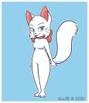  anthro bittersweet_candy_bowl blue_background blue_eyes bow_(knot) breasts domestic_cat featureless_breasts featureless_crotch felid feline felis female fur hi_res lucy_(bcb) mammal plantigrade simple_background solo tongue tongue_out webcomic whiskers white_body white_fur zinacat 