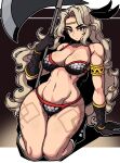  1girl abs absurdres amazon amazon_(dragon&#039;s_crown) armlet armor axe bikini bikini_armor black_feathers black_footwear black_gloves blue_eyes boots dragon&#039;s_crown eyebrows feathers gloves hair_feathers highres kneeling looking_at_viewer masgamjya silver_bikini swimsuit tattoo thick_eyebrows thick_thighs thigh_tattoo thighs weapon 