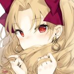  1girl bangs blonde_hair blush bow covered_mouth earrings ereshkigal_(fate) eyebrows_visible_through_hair fate/grand_order fate_(series) hair_bow hands_up infinity jewelry long_hair looking_at_viewer maya_g nose_blush parted_bangs purple_bow red_eyes signature solo white_background 
