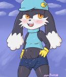  anthro black_body black_fur blush bulge clothed clothing cloud domestic_cat felid feline felis fur gloves half-closed_eyes hand_on_hip handwear hat headgear headwear hi_res klonoa klonoa_(series) looking_away male mammal morapandita narrowed_eyes open_mouth open_smile orange_eyes outside smile solo standing teeth tongue video_games wide_hips 