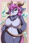  2021 absa absurd_res anthro big_breasts bovid breasts caprine chest_tuft digital_media_(artwork) eyelashes featureless_breasts female goat hair hand_on_hip hi_res horn looking_at_viewer mammal pridark purple_hair rivals_of_aether sash short_hair solo tuft video_games wide_hips yellow_eyes 