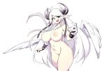  armor black_eyes breasts chain eyepatch fang gloves horns long_hair nipples nude original pointed_ears polychromatic slugbox weapon white white_hair wings 