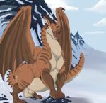  animal_genitalia balls belly big_balls brown_body claws dragon feral fully_sheathed genitals grizzledcroc head_spikes hi_res horn male malfaren nude outside sheath snow solo spiked_tail spikes spikes_(anatomy) wings 