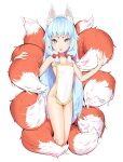  1girl :p absurdres animal_ear_fluff animal_ears blue_eyes blue_hair bottomless fox_ears fox_girl fox_tail hair_bobbles hair_ornament highres hikimayu kmwh looking_at_viewer multiple_tails naked_tabard no_panties original petite sidelocks signature simple_background solo tabard tail tongue tongue_out white_background 