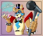  ! 2021 animatronic anthro big_ears black_nose bluberry712 blue_body blue_eyes bodypaint bow_tie bracelet brown_body brown_fur close-up clothing dialogue ear_piercing ear_ring english_text face_paint fangs five_nights_at_freddy&#039;s five_nights_at_freddy&#039;s:_security_breach fur glamrock_freddy_(fnaf) half-closed_eyes hat headgear headwear jewelry looking_at_viewer machine male mammal microphone multicolored_body nails narrowed_eyes open_mouth orange_background piercing portrait pose purple_background raised_arm robot rockstar round_ears sharp_nails sharp_teeth shoulder_guards simple_background singer smile solo spiked_bracelet spikes tan_body teeth text tongue top_hat ursid video_games 