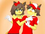  1boy 1girl angry animal_ears bird brown_eyes brown_hair cat_ears cat_tail colored_skin disembodied_head genderswap gloves green_eyes hair_ornament headless jimmy09 monster_boy monster_girl original red_headwear red_ribbon red_shirt ribbon self_upload shirt tail white_gloves yellow_skin youtube 