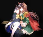  2girls aiguillette air_groove_(umamusume) animal_ears black_hair blue_skirt brown_hair cape covering_another&#039;s_eyes epaulettes floating_hair frilled_skirt frills green_jacket green_skirt holding_hands horse_ears jacket long_hair multicolored_hair multiple_girls parted_lips pleated_skirt purple_eyes red_cape romi_(346_ura) short_hair single_thighhigh skirt streaked_hair symbol_commentary symboli_rudolf_(umamusume) thigh_strap thighhighs umamusume yuri 