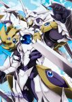  1boy armor blue_sky cannon cloud cloudy_sky colorized divine_dividing energy_wings full_armor gauntlets helmet high_school_dxd highres horns large_wings maximilian-destroyer miyama-zero pauldrons shoulder_armor single_horn sky vali_lucifer white_armor wings yellow_eyes 