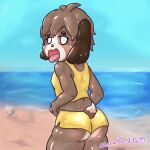  1:1 animal_crossing anthro beach big_butt blush bodily_fluids brown_body brown_fur butt butt_pose canid canine canis clothed clothing digby_(animal_crossing) domestic_dog fur hair hi_res looking_at_viewer looking_back male mammal morapandita nintendo open_mouth outside pose rear_view seaside shih_tzu solo standing sweat swimwear thick_thighs tongue tongue_out toy_dog video_games water white_eyes wide_hips 