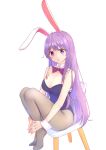  1girl :o absurdres animal_ears bangs bare_shoulders blue_leotard blush bow bowtie breasts bunny_ears chair cleavage collarbone diving_penguin eyebrows_visible_through_hair full_body highres knees_up large_breasts leotard long_hair looking_at_viewer no_shoes pantyhose playboy_bunny purple_bow purple_eyes purple_hair purple_neckwear reisen_udongein_inaba simple_background sitting solo touhou very_long_hair white_background wrist_cuffs 