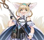  1girl animal_ear_fluff arknights bangs blonde_hair blue_hairband breasts cape daniaeru english_commentary eyebrows_visible_through_hair gloves green_eyes hair_rings hairband highres holding holding_lance holding_polearm holding_weapon lance open_mouth polearm single_glove small_breasts smile solo suzuran_(arknights) upper_body weapon white_background white_cape white_gloves 