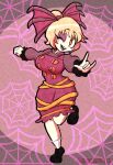  1girl arthropod_girl black_legwear blinking blonde_hair bow breasts brown_dress dress full_body hair_bow hair_ribbon highres kurodani_yamame medium_breasts medium_hair quariumarts ribbon silk smile socks spider_girl spider_web touhou yellow_eyes youkai 