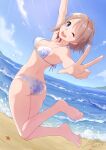  1girl :d arm_up ass bare_arms bare_legs barefoot bench bikini bird blue_eyes blue_sky breasts cleavage cloud cowlick dated halterneck haruna_miyabi highres jumping light_brown_hair looking_at_viewer looking_back love_live! love_live!_sunshine!! medium_breasts ocean one_eye_closed open_mouth sand seagull short_hair signature sky smile soles solo starfish sunlight swimsuit swimwear upper_teeth v watanabe_you water white_bikini white_swimsuit 