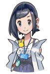  1girl badge black_eyes black_hair blue_skirt blush body_blush breasts button_badge character_badge clothes_writing collarbone copyright_name earrings gen_1_pokemon gen_2_pokemon hair_behind_ear id_card jacket jewelry kana_(pokemon) medium_breasts off_shoulder official_art open_clothes open_jacket pikachu poke_ball_earrings poke_ball_print poke_ball_symbol poke_ball_theme pokemon pokemon_(game) pokemon_masters_ex porygon2 shiny shiny_hair shirt skirt smile solo star_(symbol) star_print suspender_skirt suspenders upper_body white_background white_jacket white_shirt zipper_pull_tab 