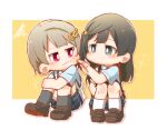  2girls :t ankle_socks annoyed asymmetrical_hair bangs beige_cardigan black_eyes black_hair bob_cut brown_footwear cardigan cheek_poking chibi closed_mouth crescent crescent_hair_ornament g_teall grey_eyes grey_hair hair_ornament hairclip highres knees_up leg_hug long_hair looking_at_another love_live! love_live!_nijigasaki_high_school_idol_club multiple_girls nakagawa_nana nakasu_kasumi nijigasaki_academy_uniform one_side_up poking pout red_eyes shoes short_hair sitting smile white_legwear yuri yuuki_setsuna_(love_live!) 