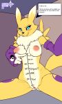  3:5 big_insertions black_sclera blue_eyes blush body_writing breasts clothing crossman digimon digimon_(species) english_text female genitals gloves gloves_only handwear handwear_only hi_res mostly_nude nipples puffy_nipples pussy renamon text 