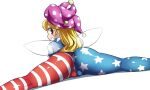  1girl american_flag_dress american_flag_legwear ass blonde_hair cameltoe clownpiece fairy_wings hat itatatata jester_cap long_hair looking_at_viewer looking_back lying on_stomach pantyhose polka_dot purple_headwear red_eyes short_sleeves simple_background solo spread_legs star_(symbol) star_print striped touhou white_background wings 