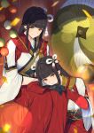  2girls bangs bead_necklace beads black_gloves black_hair blunt_bangs blurry bokeh closed_mouth commentary confetti depth_of_field gloves hair_ornament hakama highres hinoa japanese_clothes jewelry kimono lap_pillow light_smile long_hair looking_at_viewer minoto monster_hunter_(series) monster_hunter_rise multiple_girls necklace parasol pointy_ears red_hakama rope shade siblings sidelocks sisters sitting smile straight_hair sunlight suusuke twins umbrella white_kimono wide_sleeves yellow_eyes 