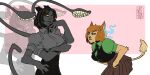  2:1 4_arms anthro arm_tuft bigmsaxon black_body black_bottomwear black_clothing black_ears black_fur black_hair bottomwear breasts brown_bottomwear brown_clothing brown_skirt clothing crossed_arms displacer_beast duo elbow_tufts felid female fur fur_tuft green_clothing green_topwear grey_body grey_clothing grey_fur grey_tail grey_topwear hair hi_res humanoid_face leaning leaning_forward looking_at_another mammal multi_arm multi_limb skirt tail_tuft topwear tuft 
