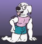  anthro barefoot bird_dog black_eyes black_nose bottomwear bulge canid canine canis clothing colored_sketch domestic_dog ear_piercing family_guy feet floppy_ears fur hair hand_on_hip hi_res hunting_dog hydethehybrid2000 jasper_(family_guy) kneeling labrador male mammal muscular muscular_anthro muscular_male open_mouth piercing pink_tongue retriever simple_background solo tongue tongue_out topwear white_body white_fur white_hair 