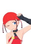  arm_up armpits asukagawa_chise bangs bare_shoulders blue_eyes bracelet braid candy choker detached_sleeves flat_chest food gobanme_no_mayoi_neko highres jewelry lollipop mole mole_under_mouth multicolored_hair o-ring one_eye_closed red_hair sidelocks ssss.dynazenon twin_braids two-tone_hair 