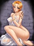  against_wall bangle blush bracelet breasts duplicate jewelry kagami_hirotaka large_breasts nami_(one_piece) nude one_piece orange_hair short_hair showering solo tattoo towel wet 