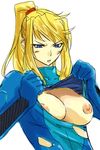  blonde_hair blue_eyes bodysuit breasts large_breasts long_hair metroid michael nipples ponytail samus_aran solo tearing_clothes torn_clothes zero_suit 