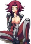  black_gloves blush bodysuit breasts closed_mouth code_geass collarbone elbow_gloves finger_to_mouth flipped_hair gloves green_eyes kallen_stadtfeld kuronezumi large_breasts looking_at_viewer red_bodysuit red_hair short_hair simple_background skin_tight smile solo spread_legs white_background 