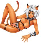  animal_ears black_eyes bracer breasts cat_ears cat_tail cleavage facial_mark final_fantasy final_fantasy_xi koyuki_yoshino large_breasts looking_at_viewer md5_mismatch mithra navel open_mouth simple_background solo tail tan thigh_strap white_background white_hair 