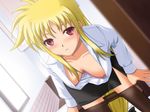  40010prototype blonde_hair bra breasts fate_testarossa large_breasts lingerie lyrical_nanoha mahou_shoujo_lyrical_nanoha_strikers nipple_slip nipples open_clothes open_shirt pantyhose red_eyes shirt solo underwear undressing 