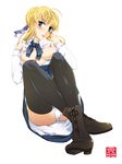  artoria_pendragon_(all) blonde_hair blouse boots breasts fate/stay_night fate_(series) green_eyes legs long_hair looking_at_viewer medium_breasts saber shirt_lift solo sonobe_kazuaki thighhighs 