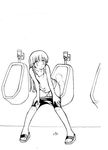  artist_request bike_shorts copyright_request greyscale lowres monochrome pee peeing sandals solo urinal 