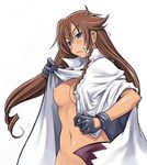 asymmetrical_hair blue_eyes braid breasts brown_hair cape el_cazador_de_la_bruja gloves hair_ornament long_hair maruto! medium_breasts nadie nipples open_clothes out-of-frame_censoring side_braid solo undressing 