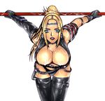  1girl blonde_hair blue_eyes boots breasts cleavage cum elbow_gloves garter_belt gloves jewelry key_hole_neck_line_top large_breasts leather_armor ninja_gaiden rachel rachel_(ninja_gaiden) strap studded_leather thigh_boots thighhighs 