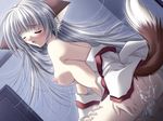  1boy 1girl animal_ears blush breasts censored cum dog_ears doggirl game_cg grey_hair inumimi long_hair no_panties okaeshibi_suto ookamimimi penis sex silver_hair white_hair wolf_ears wolfgirl 