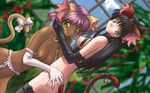  2girls animal_ears bell belt black_hair blue_eyes bow breasts cat_ears collar earring earrings game_cg garter_belt gloves green_eyes jewelry long_hair multiple_girls nekomimi piercing purple_hair short_hair thighhighs 