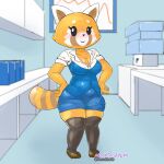  1:1 4_fingers aggressive_retsuko ailurid anthro better_version_at_source big_breasts blush breasts canid canine cleavage clothed clothing female fingers front_view fur hand_on_hip hands_on_hips hi_res inside leggings legwear looking_at_viewer mammal morapandita office orange_body orange_fur red_panda retsuko sanrio smile solo standing stockings thick_thighs tight_clothing wide_hips 