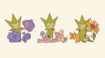  closed_eyes closed_mouth commentary english_commentary flower frown gen_3_pokemon highres no_humans petals pokemon pokemon_(creature) purple_flower roselia smile standing tiki_(tikivt) 