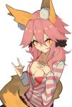  1girl absurdres animal_ear_fluff animal_ears bra breasts cleavage collarbone fate/extella fate/extra fate/extra_ccc fate_(series) fox_ears fox_girl fox_shadow_puppet fox_tail ghost_(tama) hand_on_own_chest highres large_breasts looking_at_viewer open_clothes open_shirt pink_bra pink_hair simple_background solo tail tamamo_(fate)_(all) tamamo_no_mae_(fate) underwear white_background yellow_eyes 