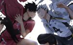  2boys :p animal bird black_hair bokuto_koutarou cat eye_contact face-to-face feathers grey_hair grin haikyuu!! jacket jacket_on_shoulders kuroo_tetsurou kurot light_rays looking_at_another male_focus multicolored_hair multiple_boys owl shirt short_hair short_sleeves shorts simple_background smile sportswear squatting sweatdrop tongue tongue_out track_jacket two-tone_hair volleyball_uniform 