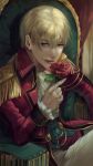  1boy blonde_hair blue_eyes chair closed_mouth collared_jacket eiyuu_densetsu epaulettes flower formal frilled_sleeves frills highres holding holding_flower jacket long_hair long_sleeves looking_at_viewer male_focus olivert_reise_arnor ponytail red_flower red_jacket red_rose rose sen_no_kiseki sitting solo takagi_rakuji tassel 