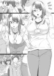  1boy 3girls ^^^ breasts clenched_hands collarbone commentary_request faceless faceless_female faceless_male glasses hand_on_hip highres hood hoodie id_card inu_(aerodog) large_breasts lightning_background long_hair monochrome multiple_girls oni original pants ruler short_hair speech_bubble sweatdrop 