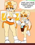  alcohol anthro bedroom_eyes beer beer_mug beverage big_breasts bottomwear breasts chao_(sonic) cleavage clothed clothing cream_the_rabbit dialogue duo english_text eyes_closed female hi_res hooters hooters_uniform hotpants huge_breasts lagomorph leporid looking_at_viewer mammal name_tag narrowed_eyes notebook pen rabbit seductive shorts sonic_the_hedgehog_(series) text vanilla_the_rabbit viktor2 
