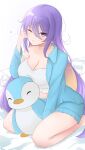  1girl aurapls breasts colored_inner_hair highres hololive hololive_indonesia large_breasts long_hair messy_hair moona_hoshinova multicolored_hair on_bed one_eye_closed pororo_(moona_hoshinova) purple_eyes purple_hair sitting sleepy strap_slip stuffed_animal stuffed_penguin stuffed_toy wariza 